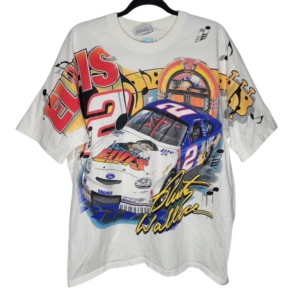 Vintage 90s Rusty Wallace Elvis Presley Nascar T-Shirt All Over Print Large Rare